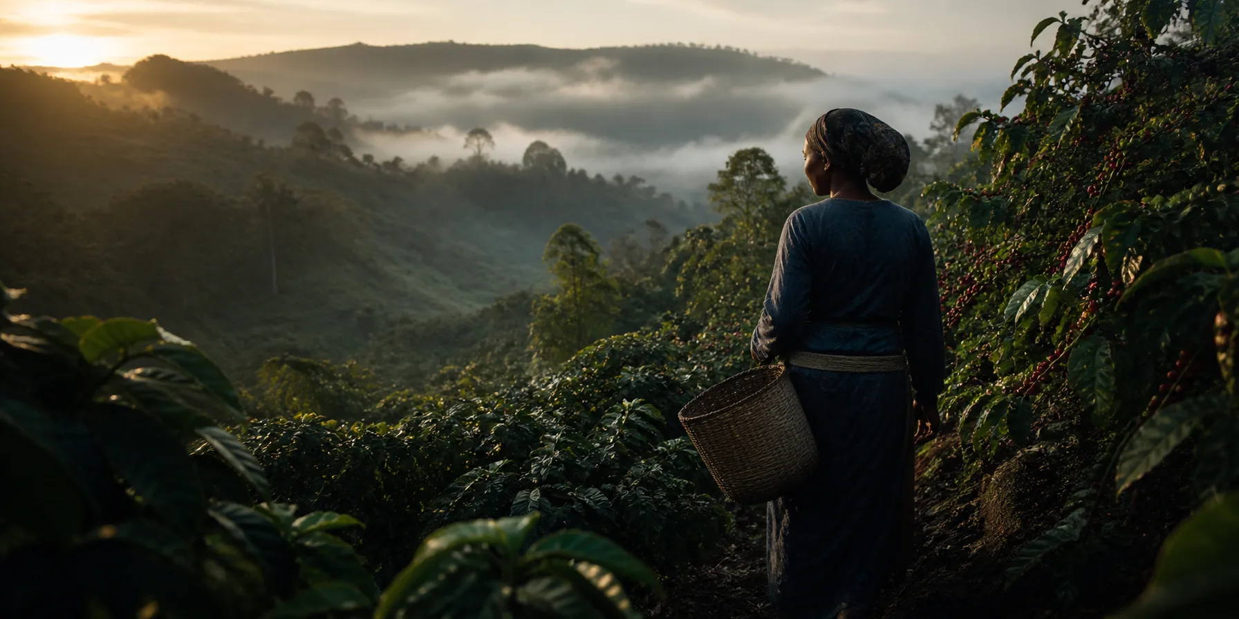 Ethiopian coffee farmer overlooking misty highland coffee fields